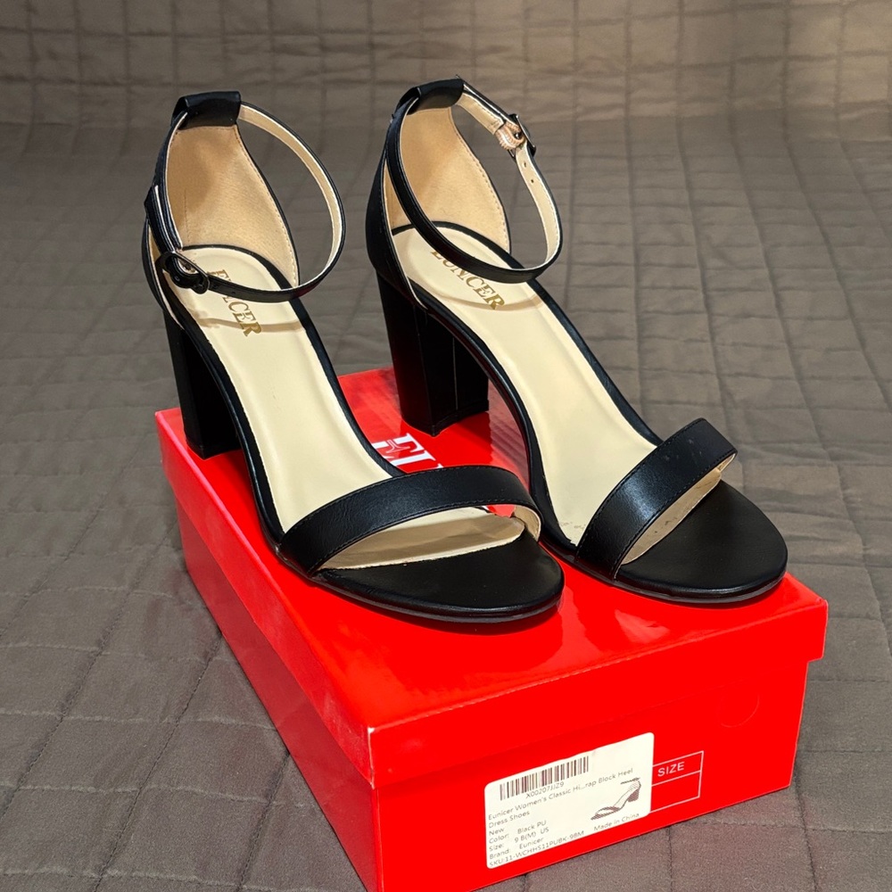 Women's Black Ankle Strap Block Heel Sandals